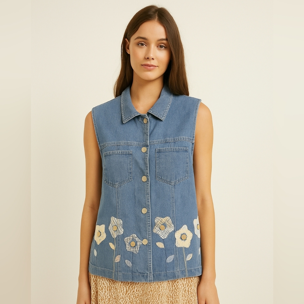 Vintage Ali Miles Womens Size MD Floral Cottagecore Farmhouse Country Denim Top